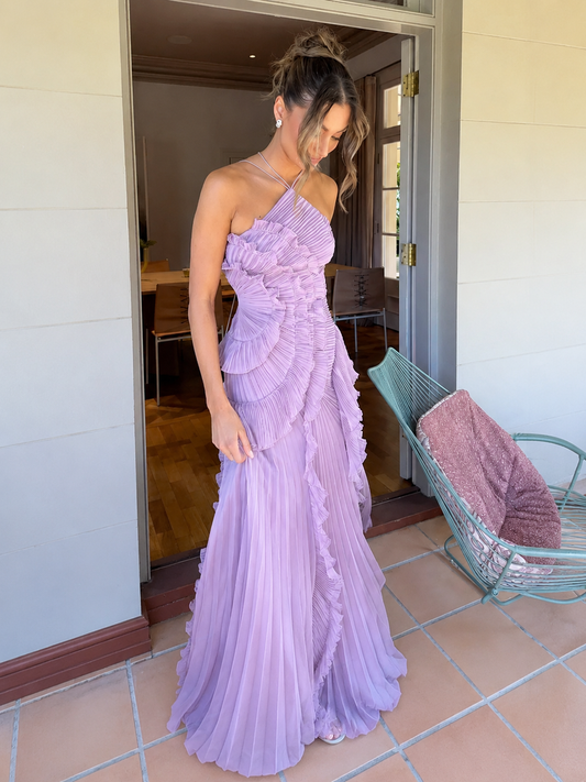 Robe Élise – Midi plissée asymétrique à col licou