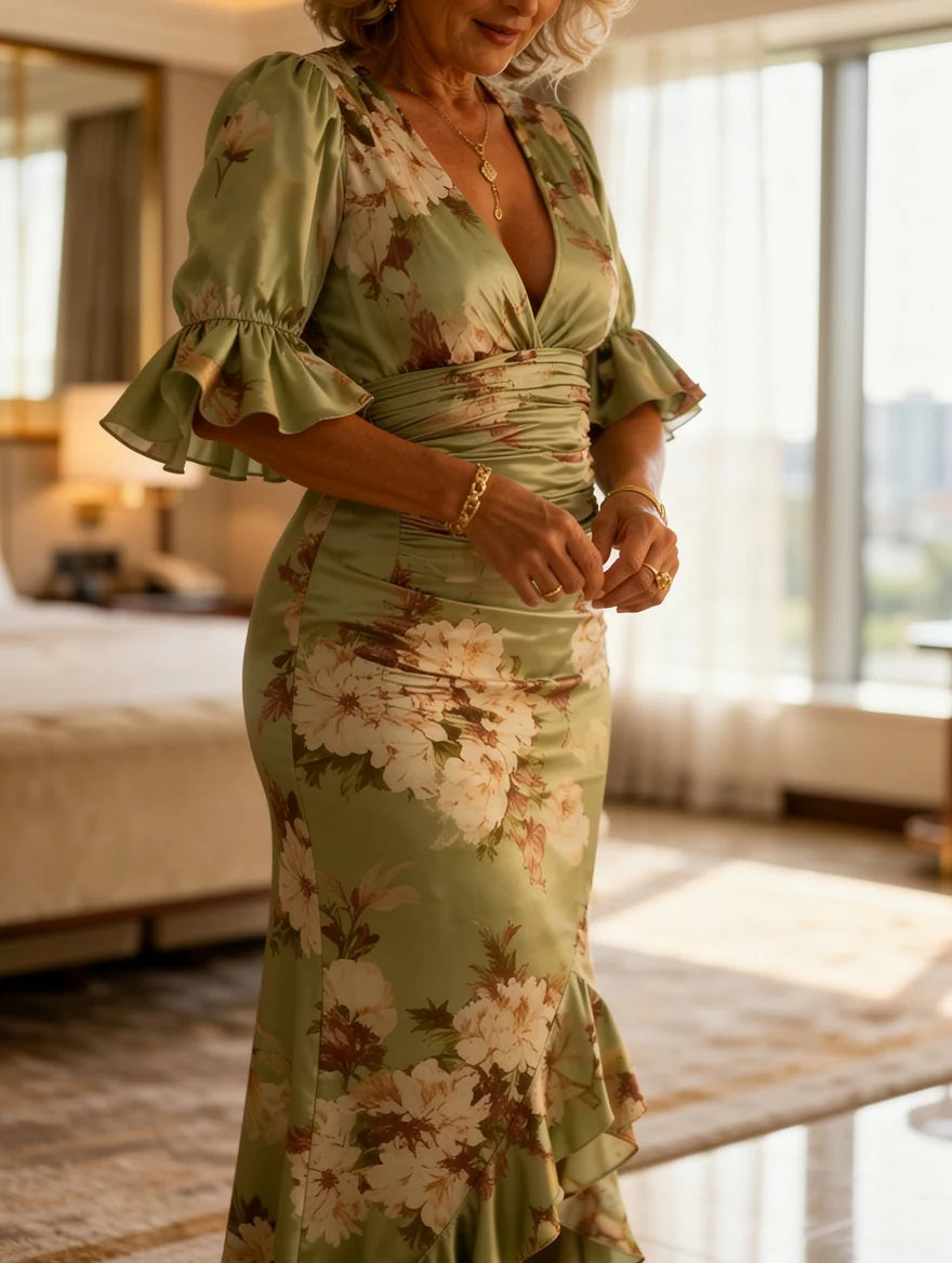 Robe Vivienne – Élégance Florale Satinée