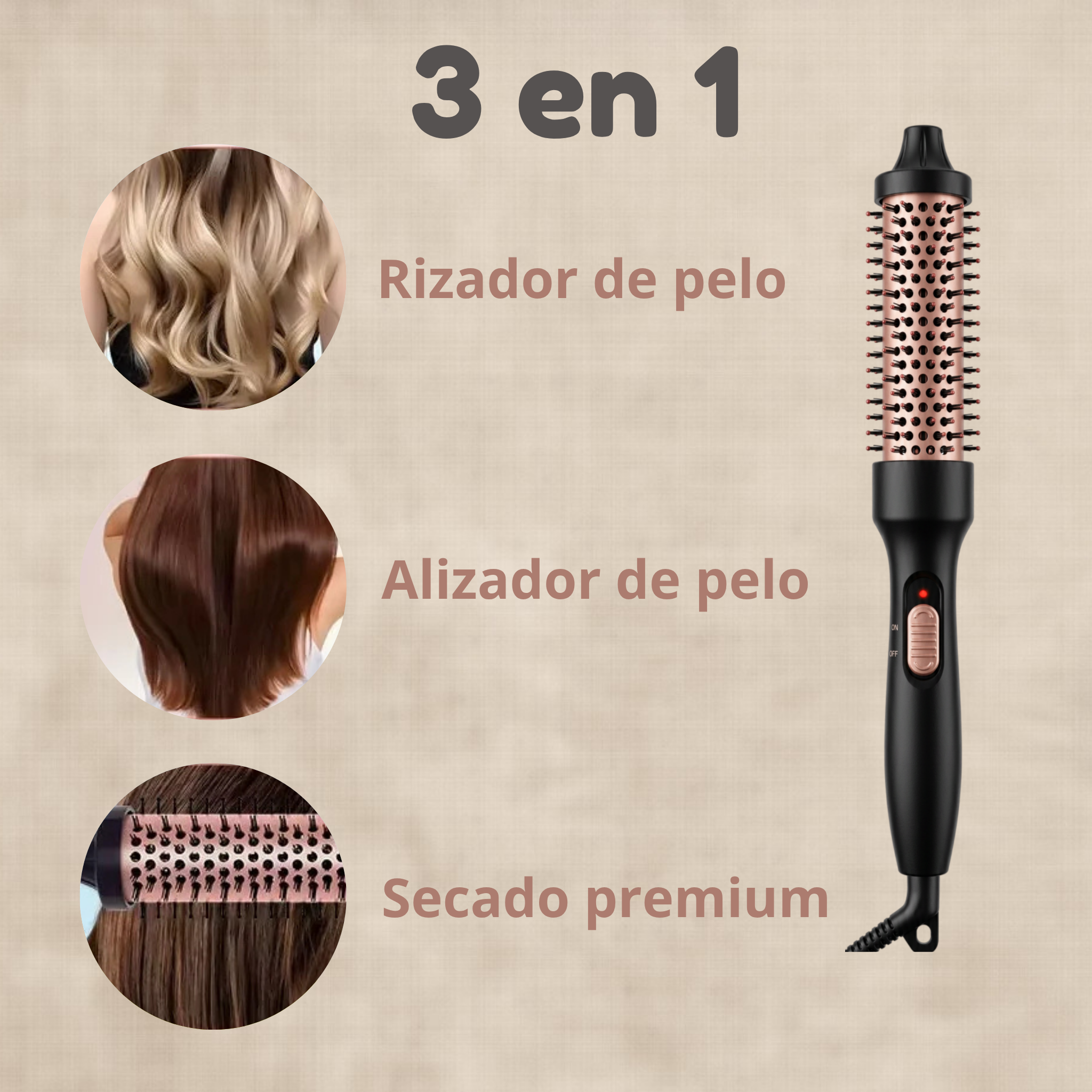 Arumena Black Gold 3 en 1™ – Cepillo Térmico que Riza, Alisa y Seca