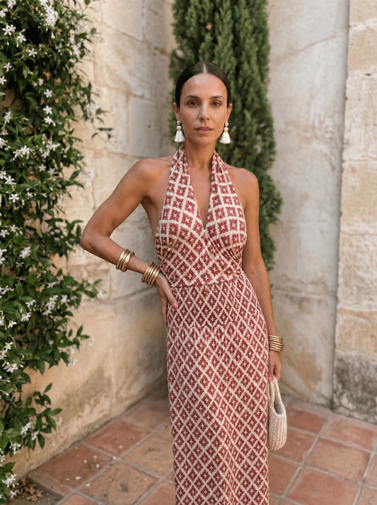 Robe Olympe – Longue dos nu à imprimé mosaïque