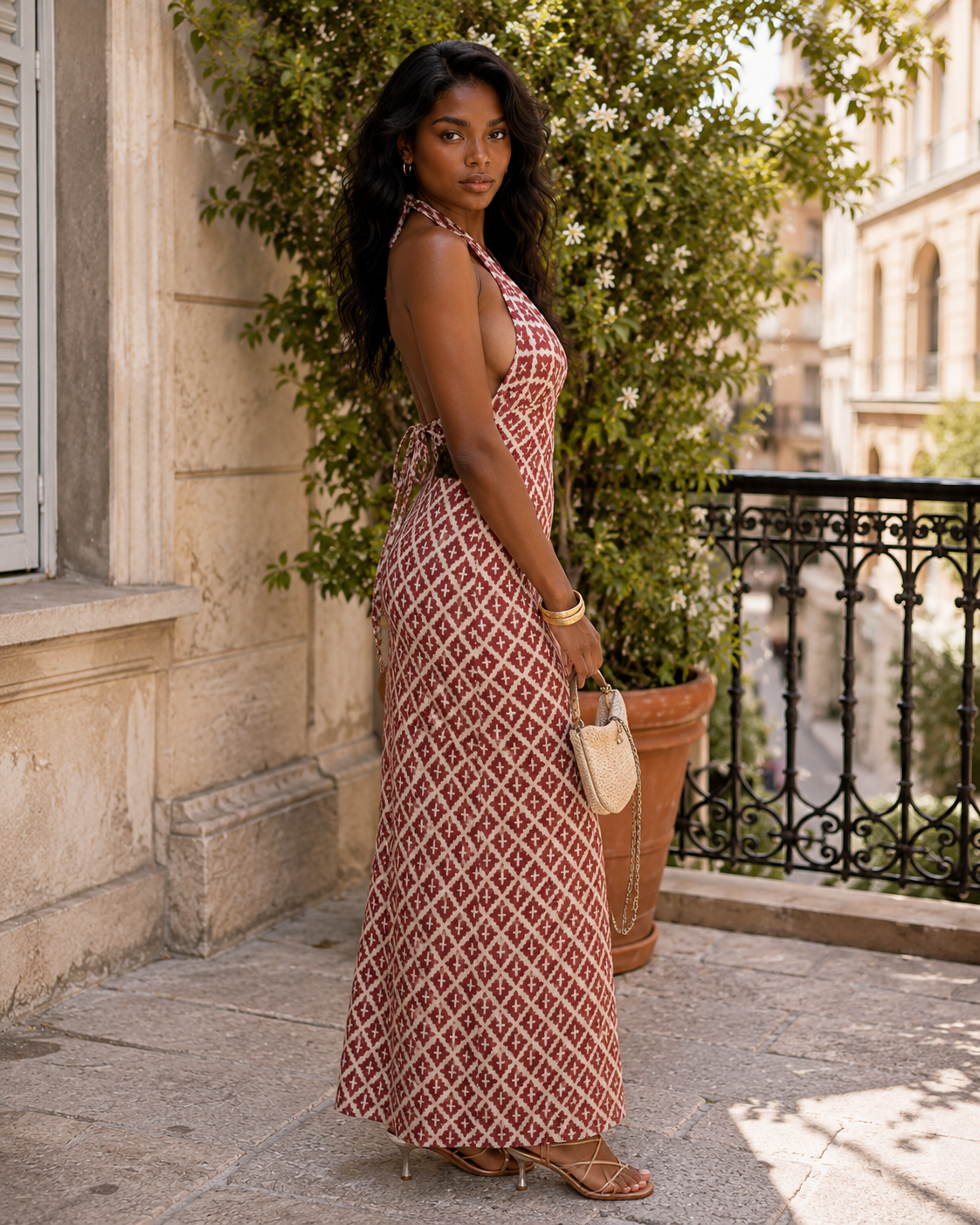 Robe Olympe – Longue dos nu à imprimé mosaïque