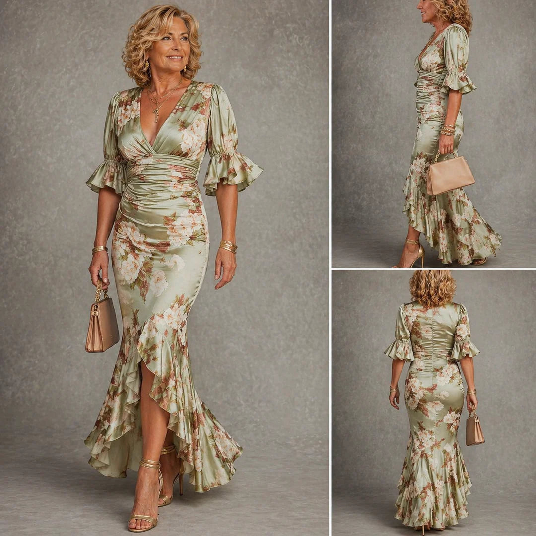 Robe Vivienne – Élégance Florale Satinée