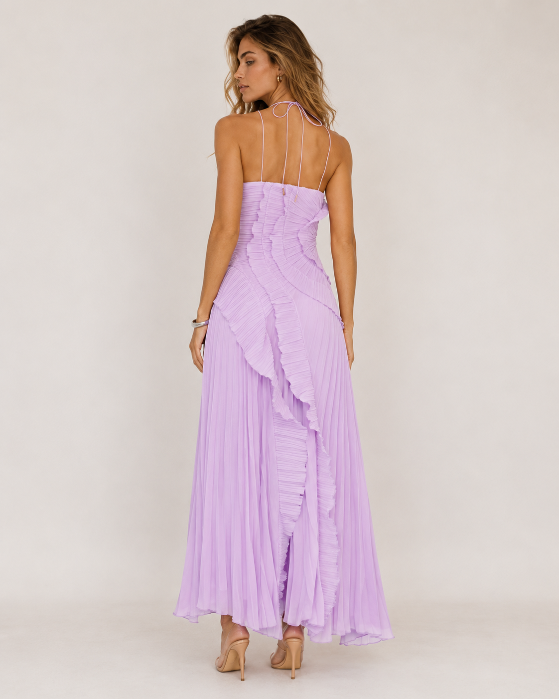 Robe Élise – Midi plissée asymétrique à col licou