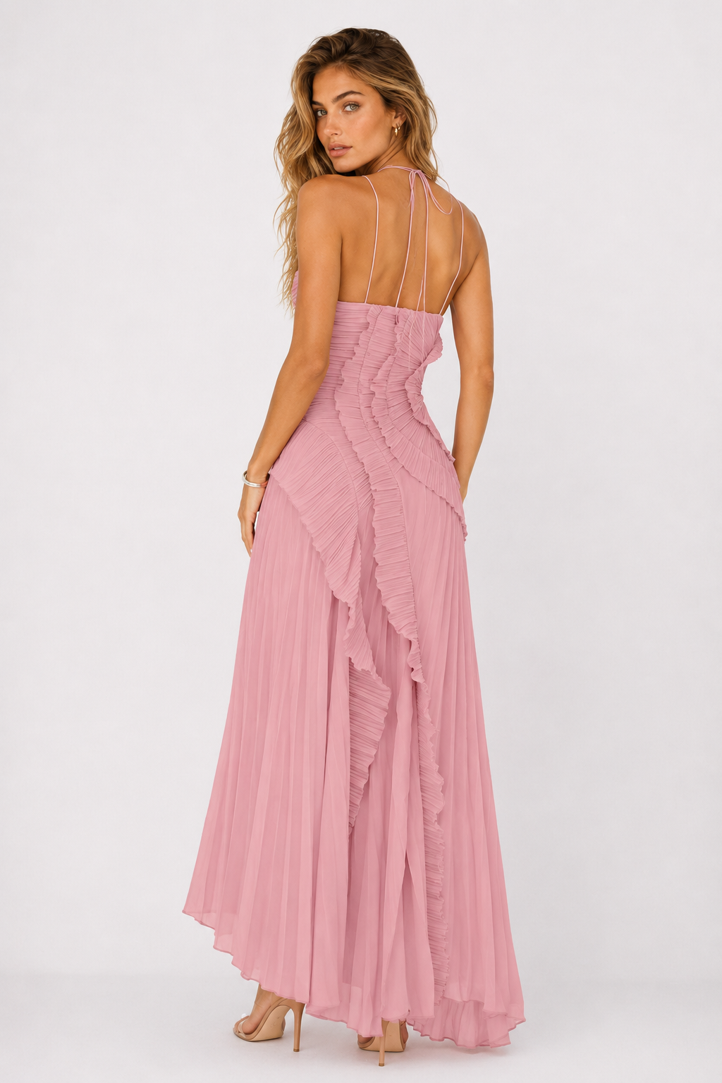 Robe Élise – Midi plissée asymétrique à col licou