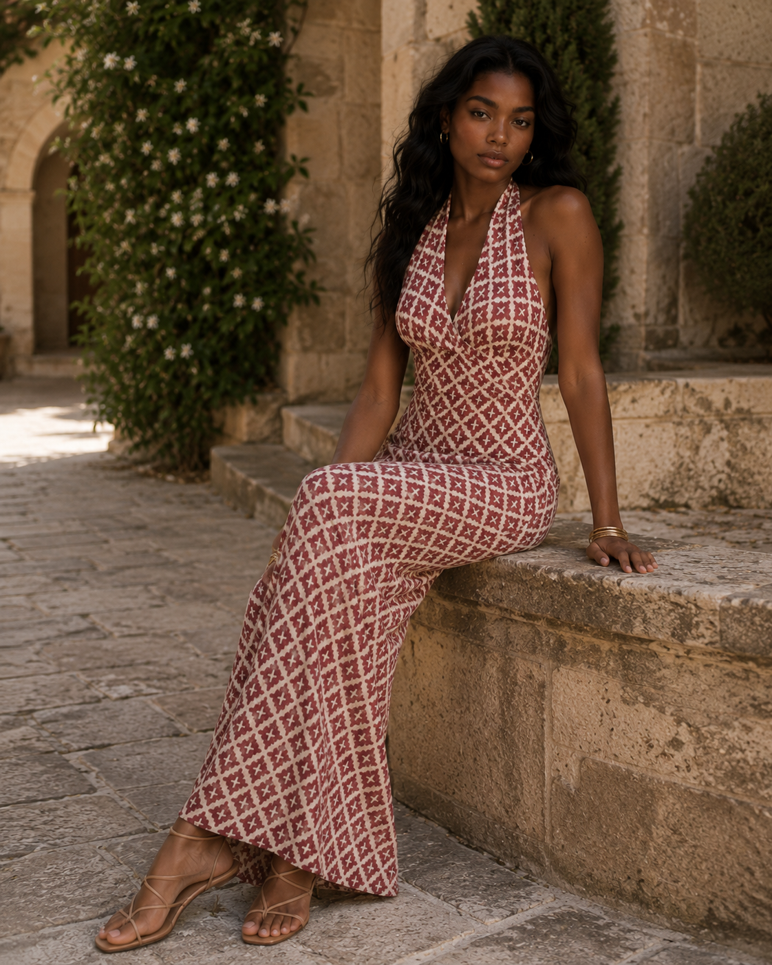 Robe Olympe – Longue dos nu à imprimé mosaïque
